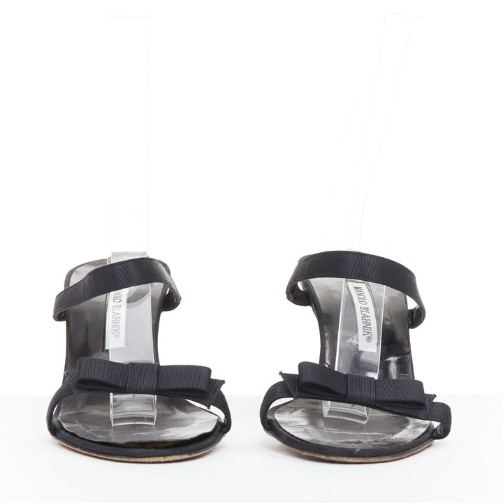 MANOLO BLAHNIK black grosgrain ribbon straps leather spool slipper heels EU37