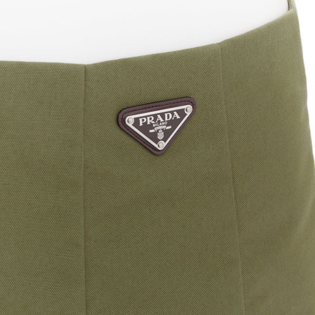 PRADA 2023 khaki green nylon canvas triangle logo plate pleated skirt IT38 XS