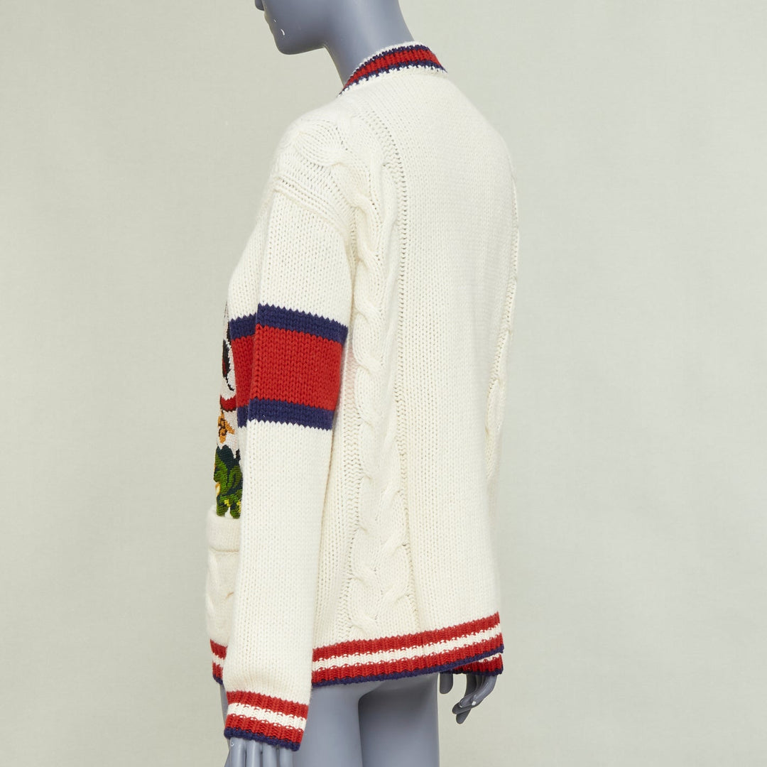 GUCCI 2018 Bosco Orso Year of Dog red cream wool needlepoint knit cardigan XXS