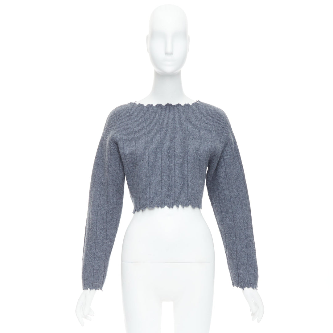 ALEXANDER WANG T 100% merino wool grey distressed edge cropped sweater XS