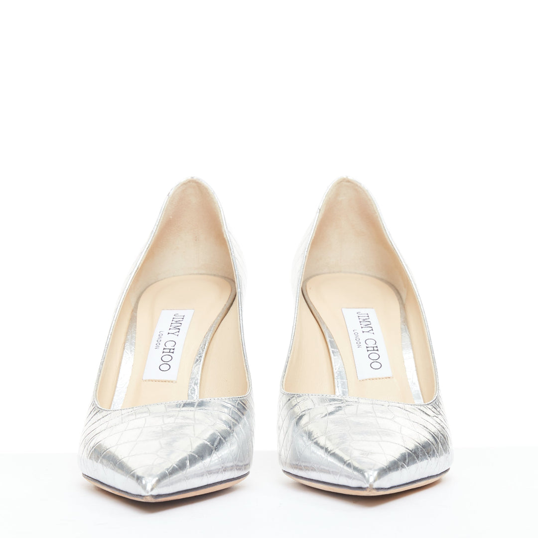 JIMMY CHOO Love mirrored silver croc embossed leather pointy pumps EU39.5
