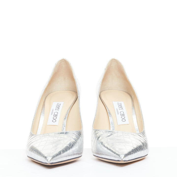 JIMMY CHOO Love mirrored silver croc embossed leather pointy pumps EU39.5