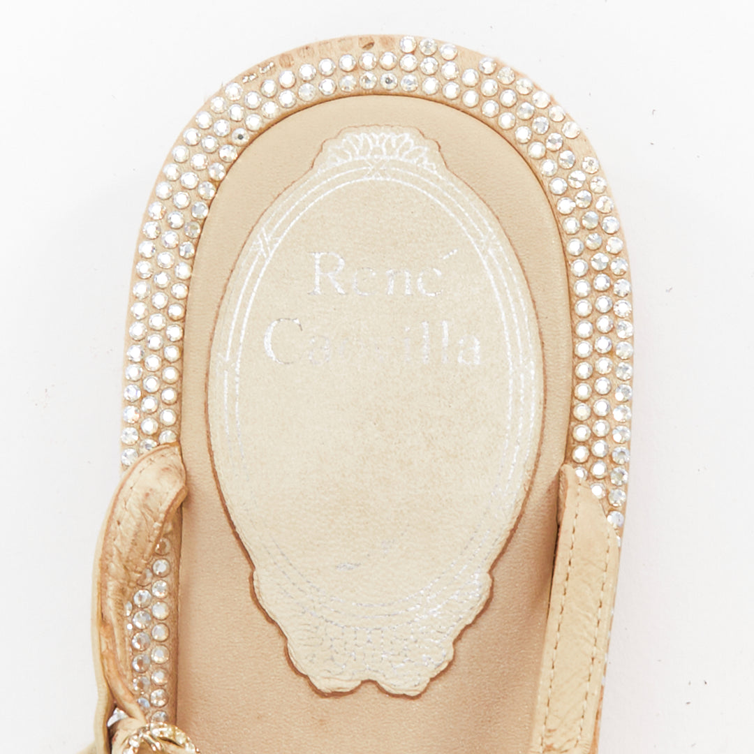 RENE CAOVILLA cream bow faux pearl tstrap strass trim flat sandals EU36