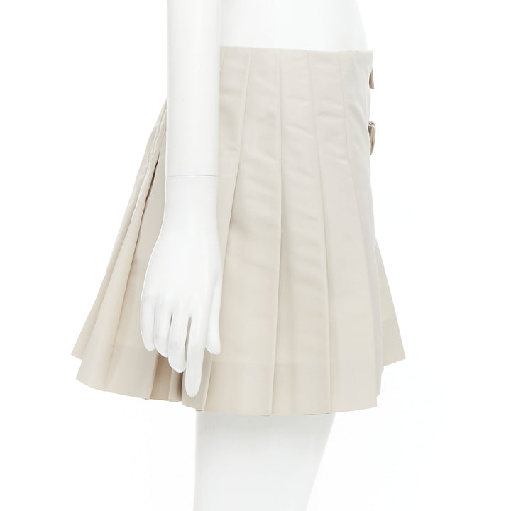 PRADA 2010 Vintage grey silk blend pleated leather buckles mini skirt IT42 M