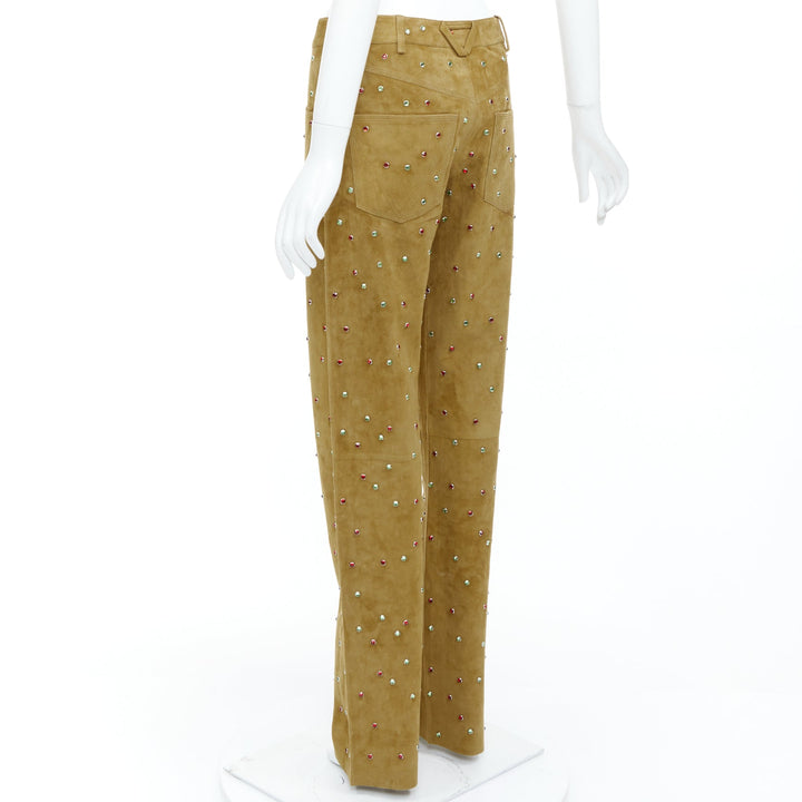 rare BOTTEGA VENETA 2021 Runway brown crystal embellished suede pants IT38 XS