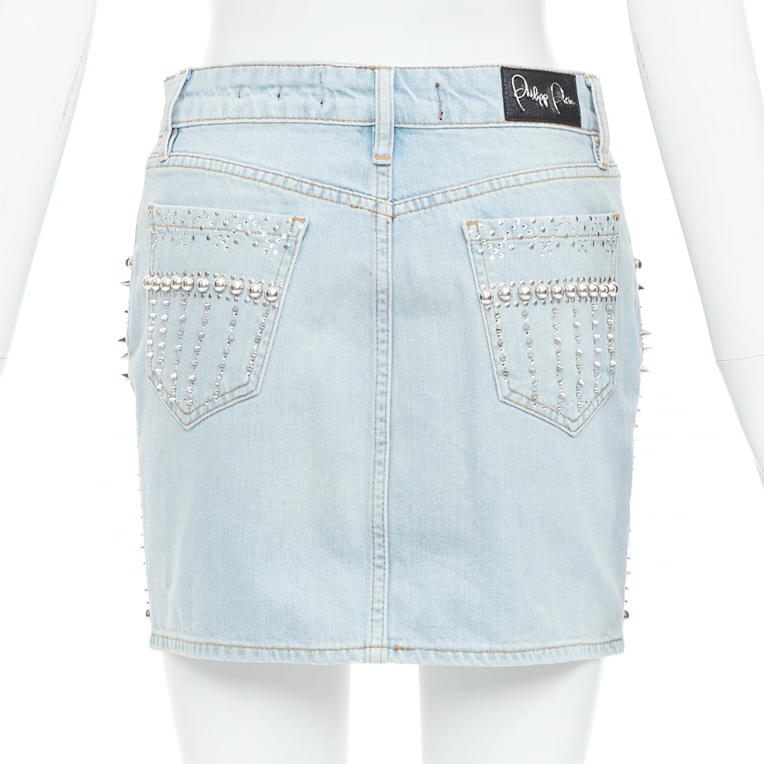 PHILLIP PLEIN New Skirt blue cotton stud crystal front zip skirt 25"