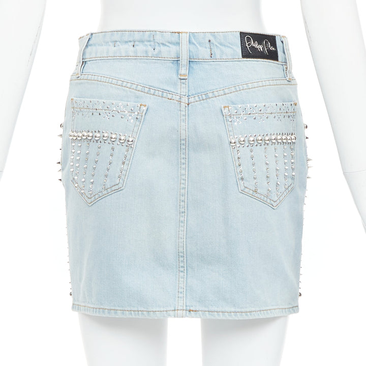 PHILLIP PLEIN New Skirt blue cotton stud crystal front zip skirt 25"