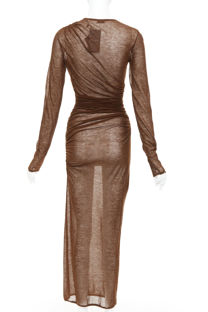 SAINT LAURENT 2023 marron brown sheer wool blend knit side ruched midi dress S