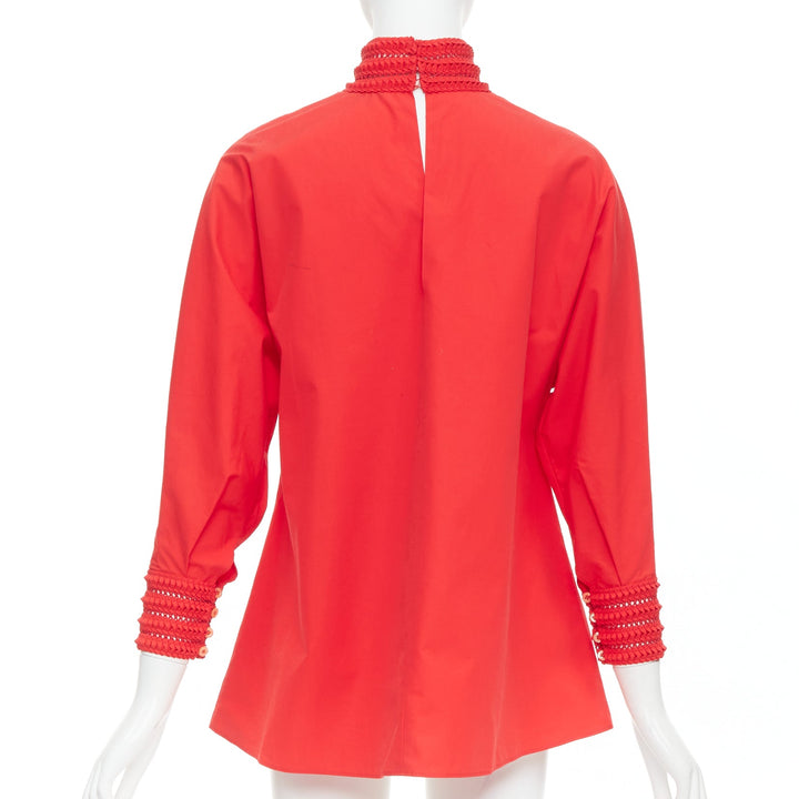 FENDI 2016 Runway red cotton silk ruched knot weave collar peasant top IT38 XS