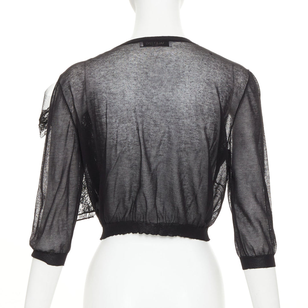 VALENTINO black cotton blend sheer knit oversized lace bow crop cardigan M