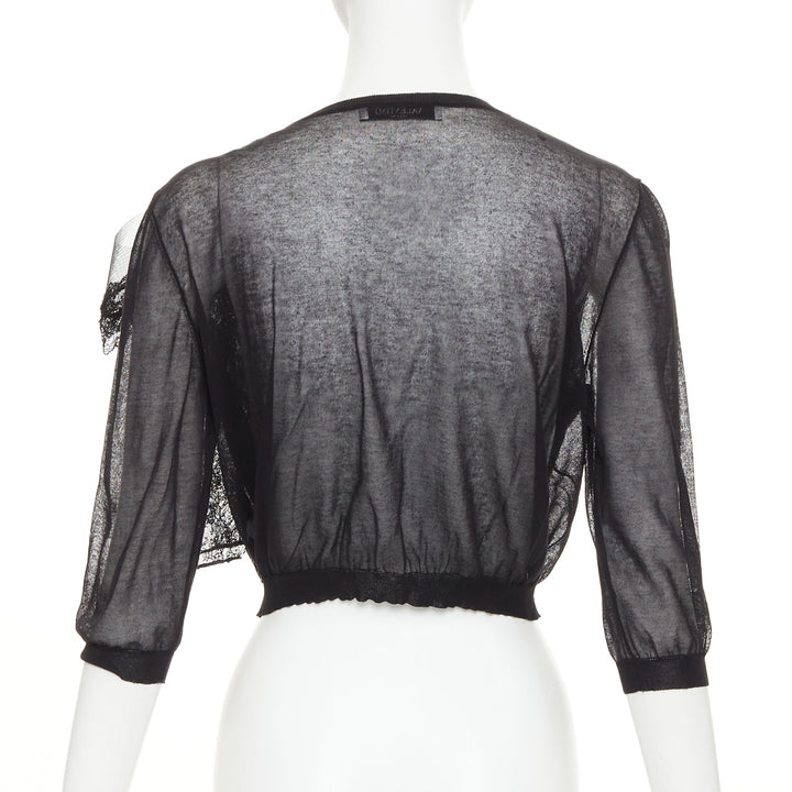 VALENTINO black cotton blend sheer knit oversized lace bow crop cardigan M