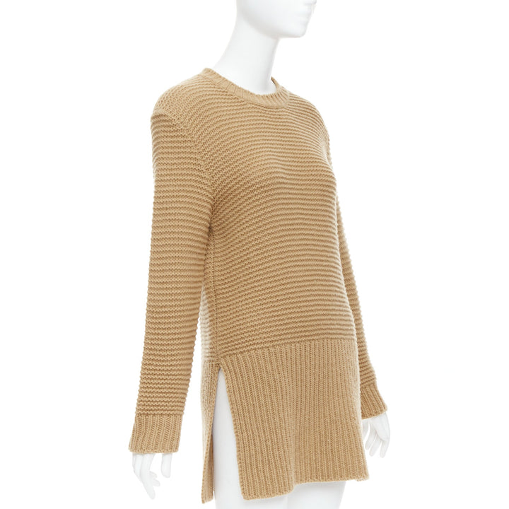 MARNI 100% virgin wool camel brown contrasting ribbed knit slit sweater IT38 XS