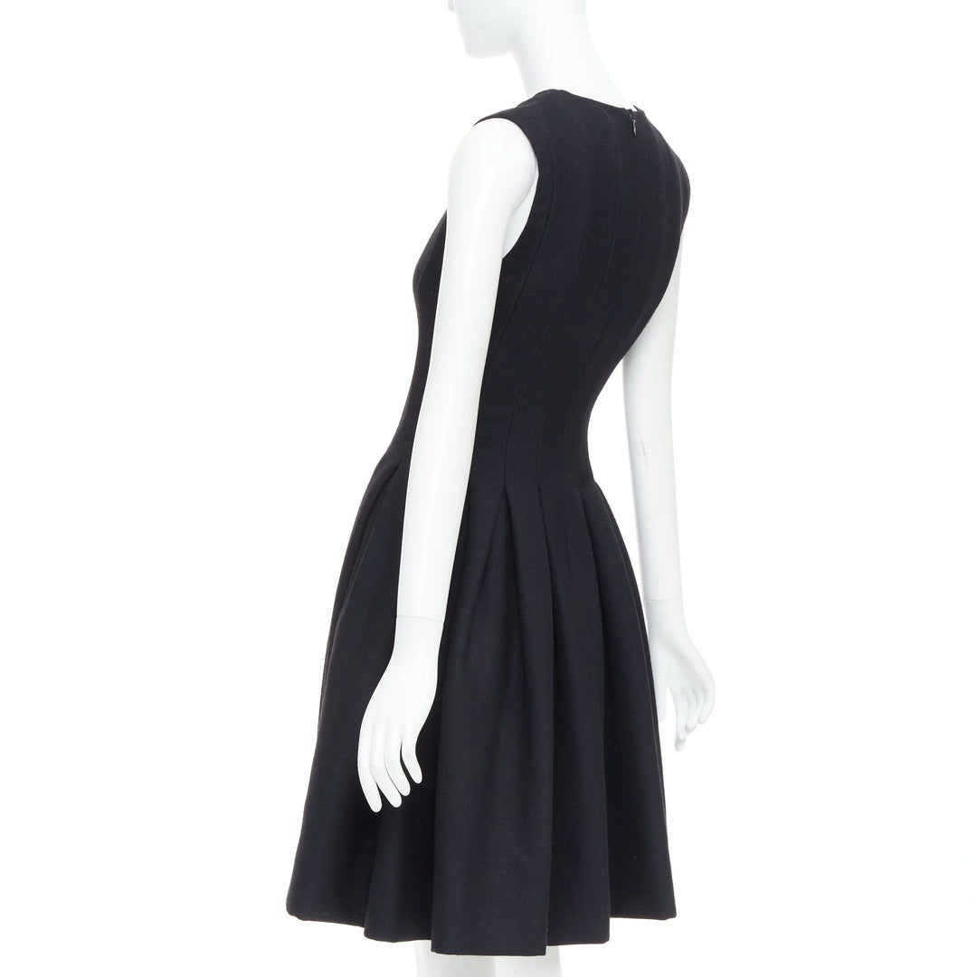 MS MIN black wool blend panelled fit flared knee dress Sz2