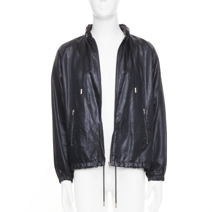 SAINT LAURENT 2018 crinkled coated drawstring zip up blouson jacket FR 46 S