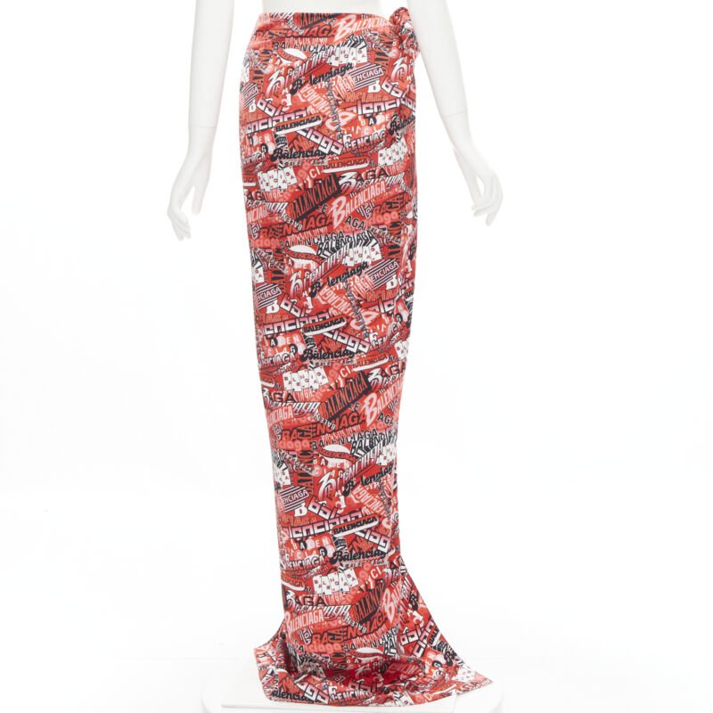 BALENCIAGA Demna 2019 Runway red logo print wrap tie maxi skirt FR38 M