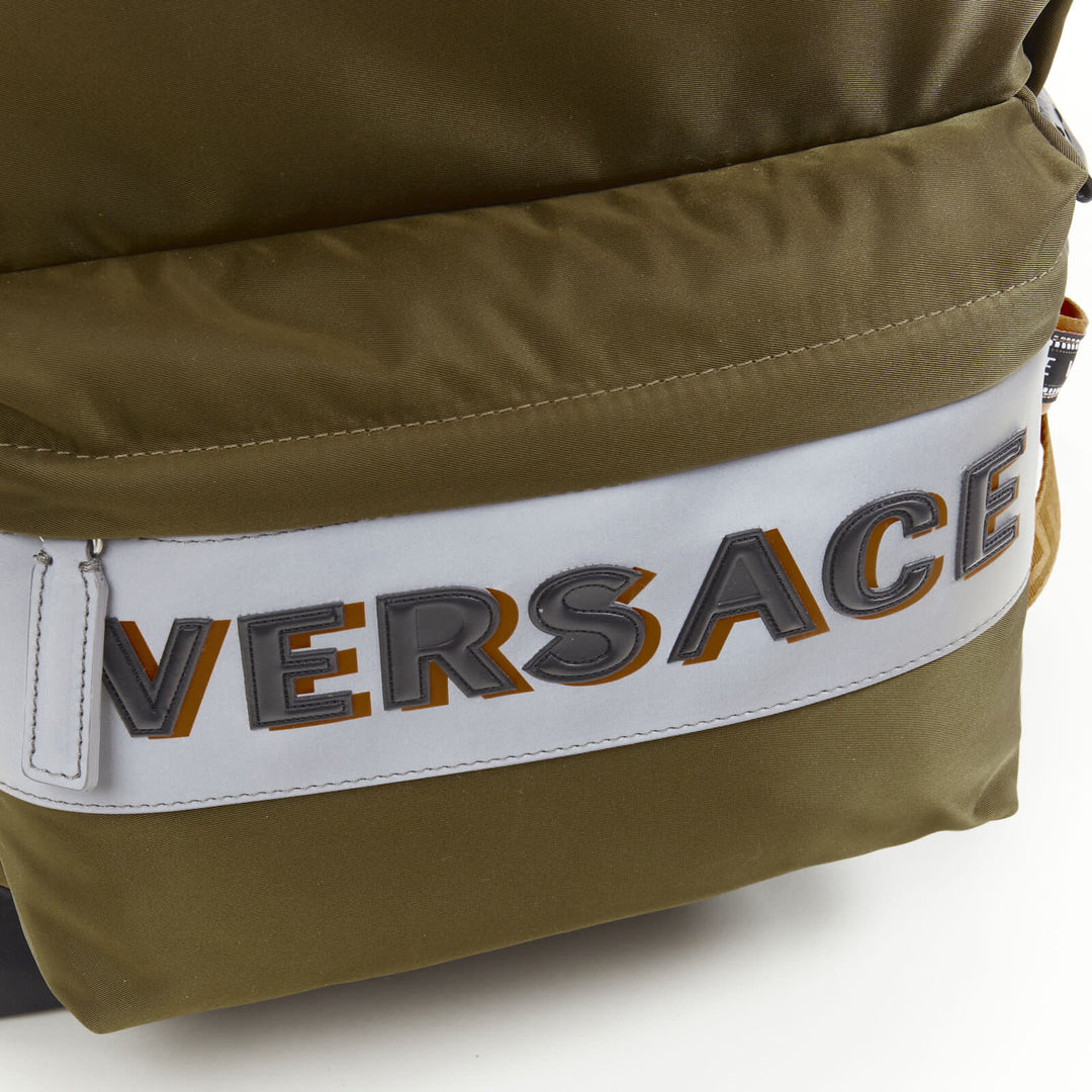VERSACE Reflective Logo green nylon orange Greca strap backpack