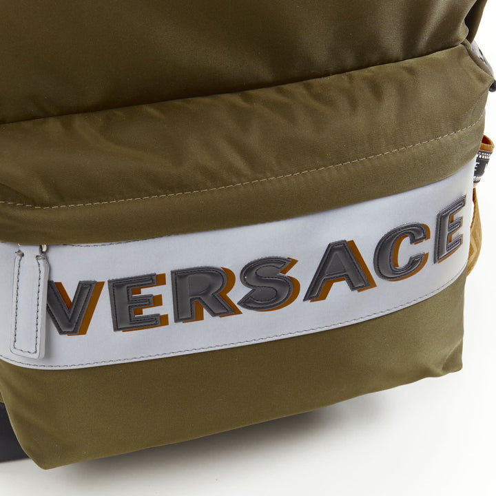 VERSACE Reflective Logo green nylon orange Greca strap backpack