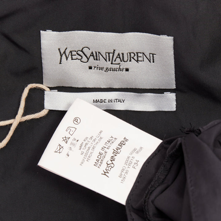YVES SAINT LAURENT 2006 black nylon ruffle bronze button trench coat FR34 XS