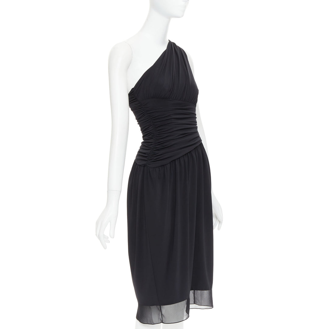 VERA WANG Vintage black one shoulder ruched waist silk lined dress US2 S