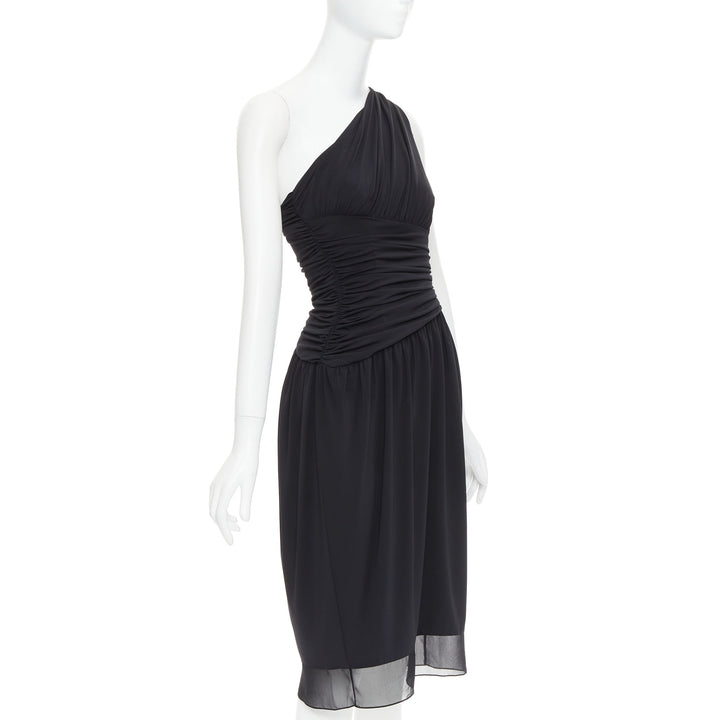 VERA WANG Vintage black one shoulder ruched waist silk lined dress US2 S