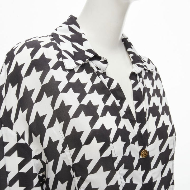 BALMAIN  black white houndstooth viscose gold B button long sleeve blouse FR38 S