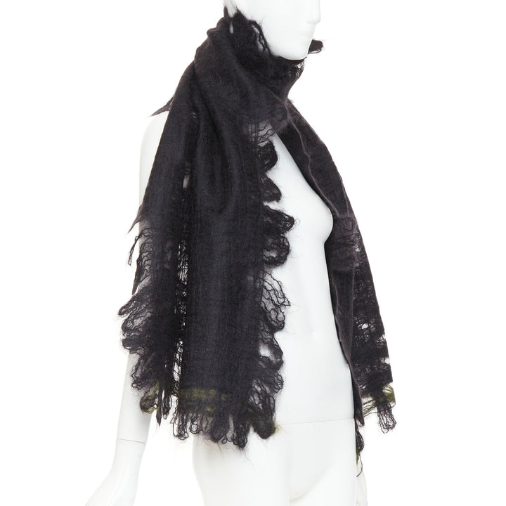 ROHKA black green distressed abstract weave cut out lattice knit wrap scarf
