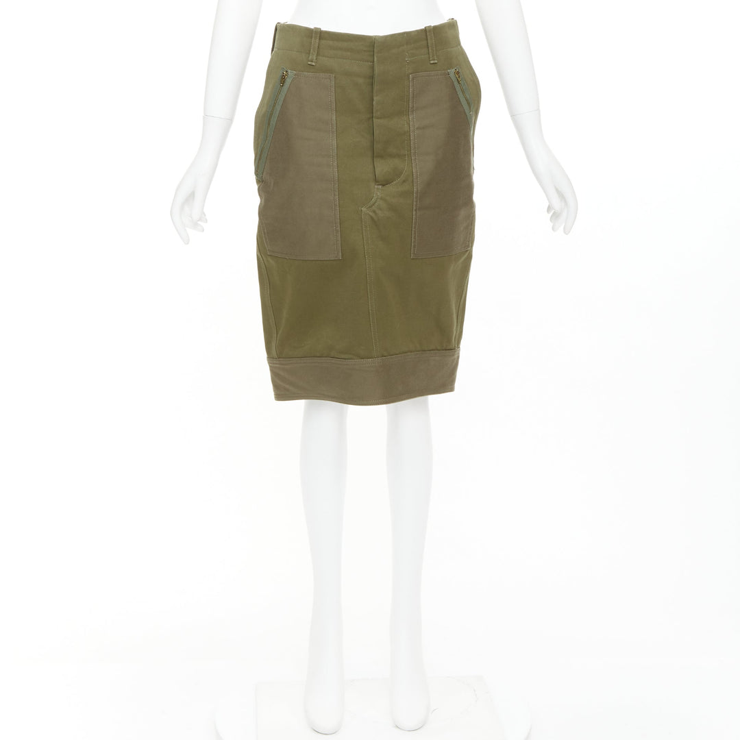 CELINE 2010 khaki green cotton patchwork pocket zipper cargo skirt FR40 L