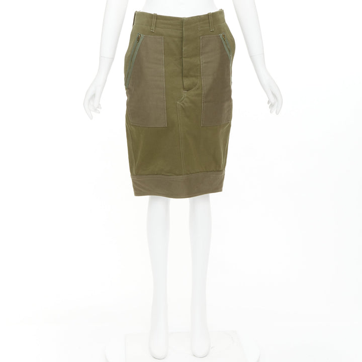 CELINE 2010 khaki green cotton patchwork pocket zipper cargo skirt FR40 L