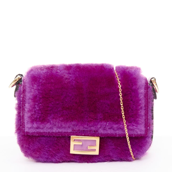 FENDI 2021 Nano Baguette purple shearling FF buckle gold hardware charm bag