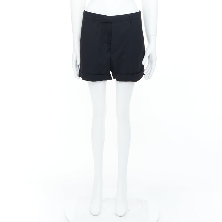 RAF SIMONS 2009 black wool mid rise tailored turn up trouser shorts EU50 L