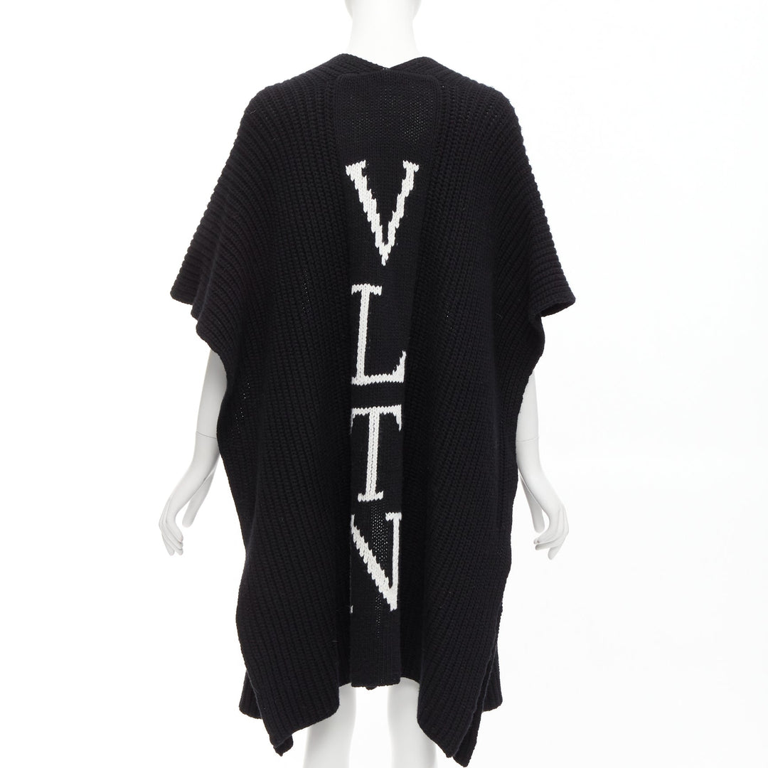 VALENTINO VLTN black 100% virgin wool logo back poncho cardigan M