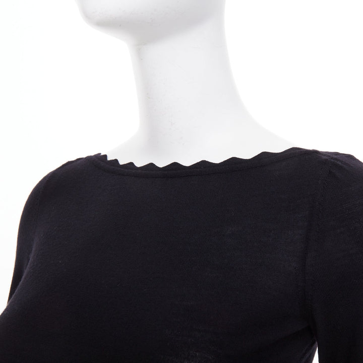 ALAIA virgin wool knit semi sheer black scalloped boat neck l/s top FR36 S
