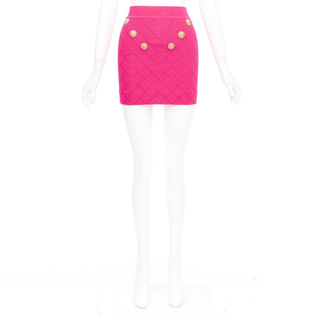 BALMAIN Embellished Knit Miniskirt pink gold button diamond quilted skirt FR36 S