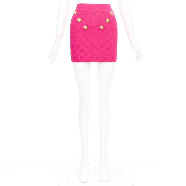 BALMAIN Embellished Knit Miniskirt pink gold button diamond quilted skirt FR36 S