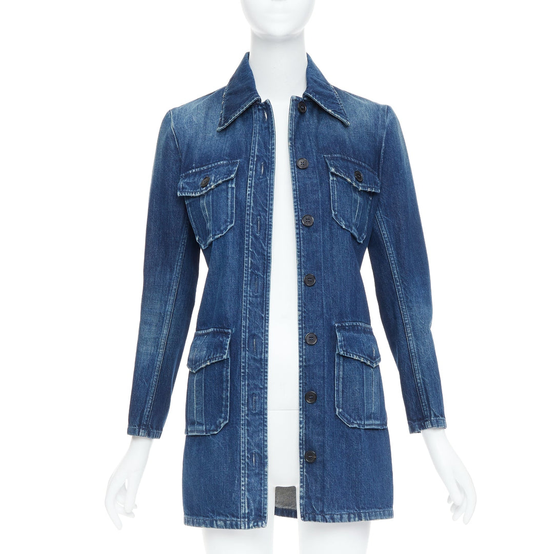 SAINT LAURENT Saharienne blue indigo washed denim belted safari shirt dress