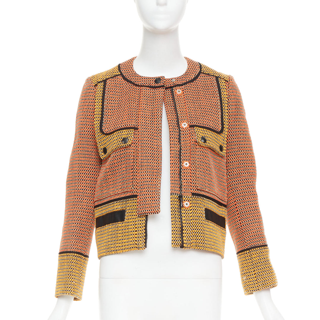 PROENZA SCHOULER orange basket weave tweed black leather trim jacket US2 S