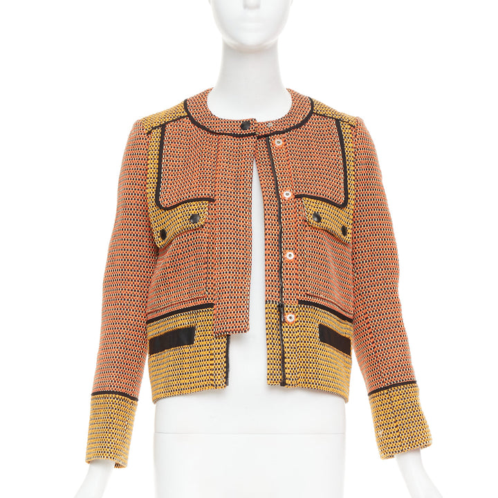 PROENZA SCHOULER orange basket weave tweed black leather trim jacket US2 S