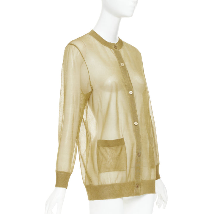 SAINT LAURENT 2024 100% silk  beige gold sheer crew neck cardigan top L