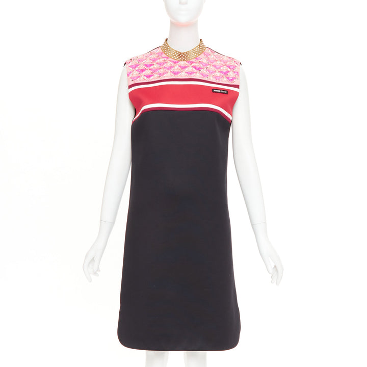 MIU MIU 2021 Runway Sportif Shift Dress black pink gold embellished dress IT40 S