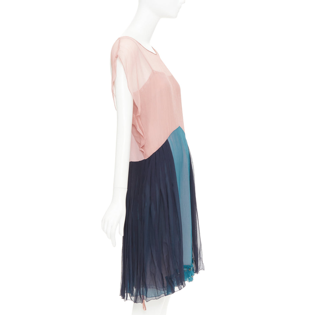 PRADA 2015 silk chiffon paneled colorblocked embellished cocktail dress IT40 S