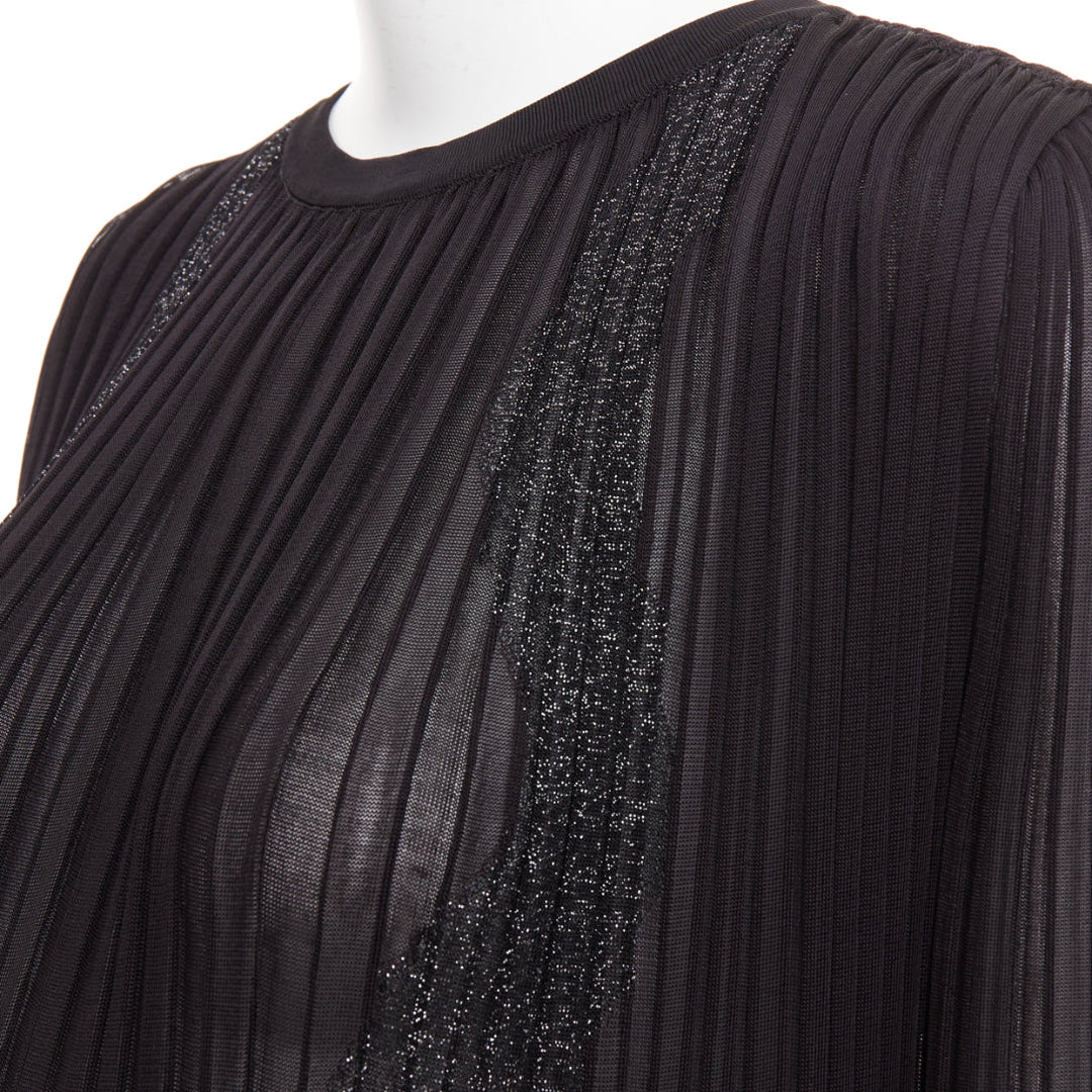 CHANEL black silver glitter CC resin button plisse sheer wave midi dress FR38 M