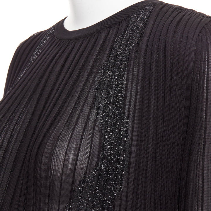 CHANEL black silver glitter CC resin button plisse sheer wave midi dress FR38 M