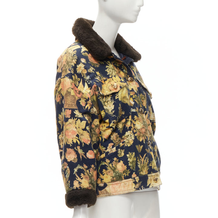 MOSCHINO JEANS Vintage yellow floral printed cotton faux fur trim padded coat