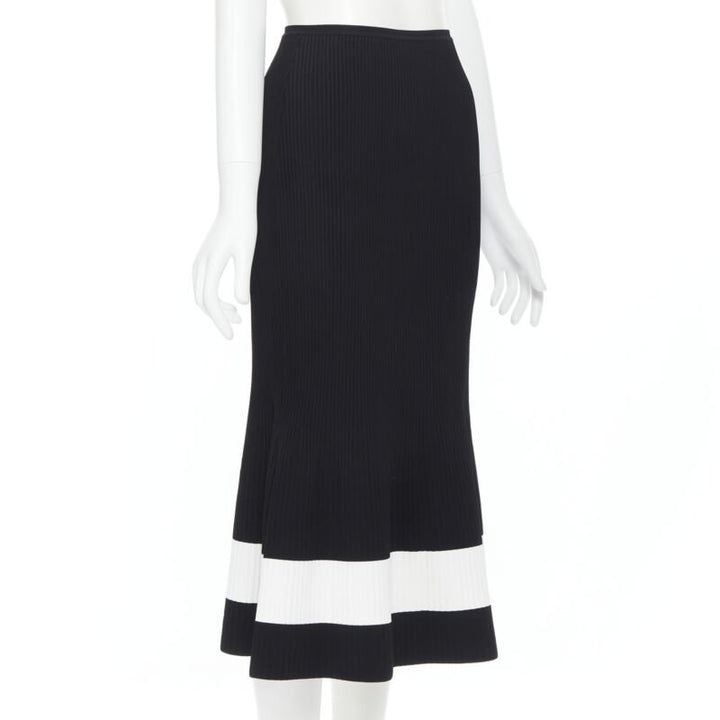 VICTORIA BECKHAM black white colorblocked ribbed fit flare midi skirt XS