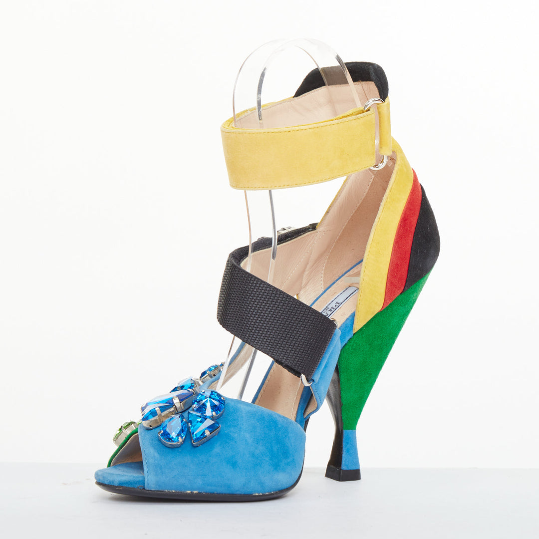 rare PRADA 2014 Runway asymmetric jewel colorblock suede heel sandals EU38 US8