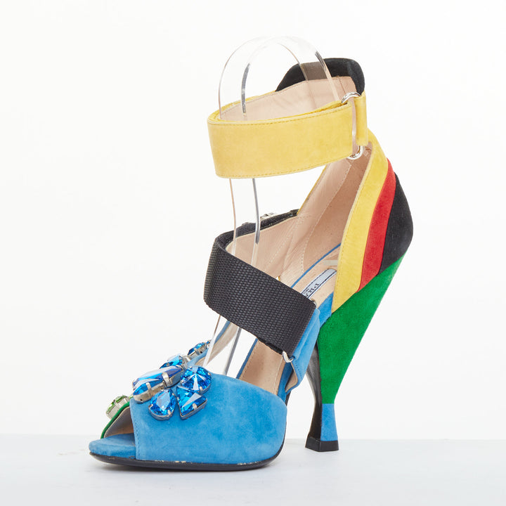 rare PRADA 2014 Runway asymmetric jewel colorblock suede heel sandals EU38 US8