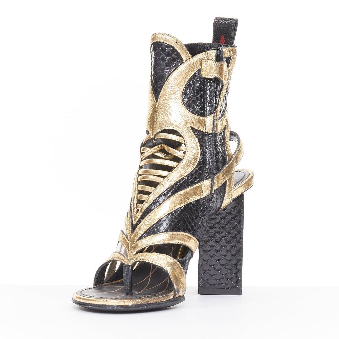 LOUIS VUITTON 2015 Runway Glam Rock python metallic cutout block sandals EU36.5