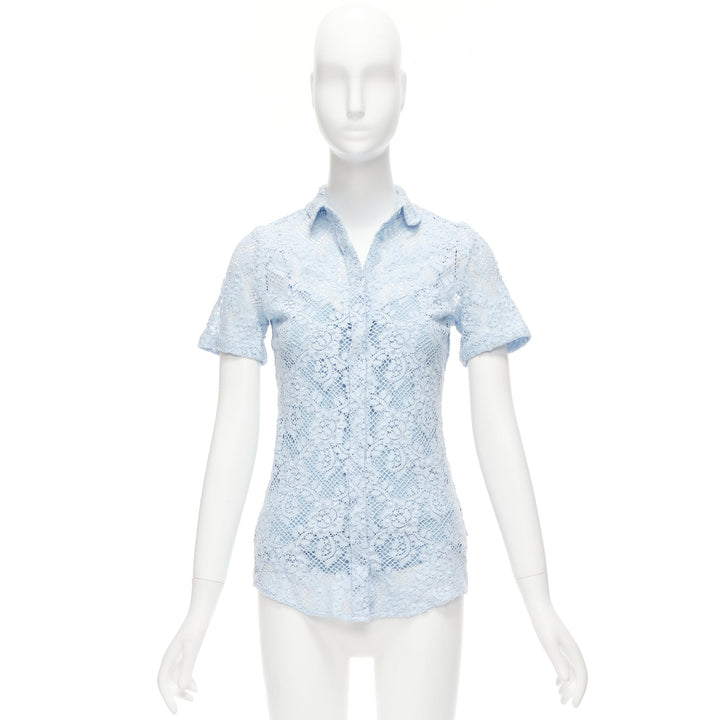 BURBERRY 2014 Runway baby blue floral lace short sleeve dress shirt IT36 XXS