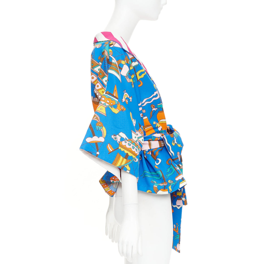 RIANNA + NINA Greek blue cotton cartoon print striped belted Kimono blouse M