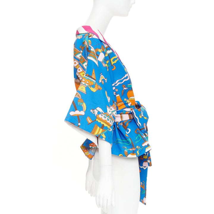 RIANNA + NINA Greek blue cotton cartoon print striped belted Kimono blouse M